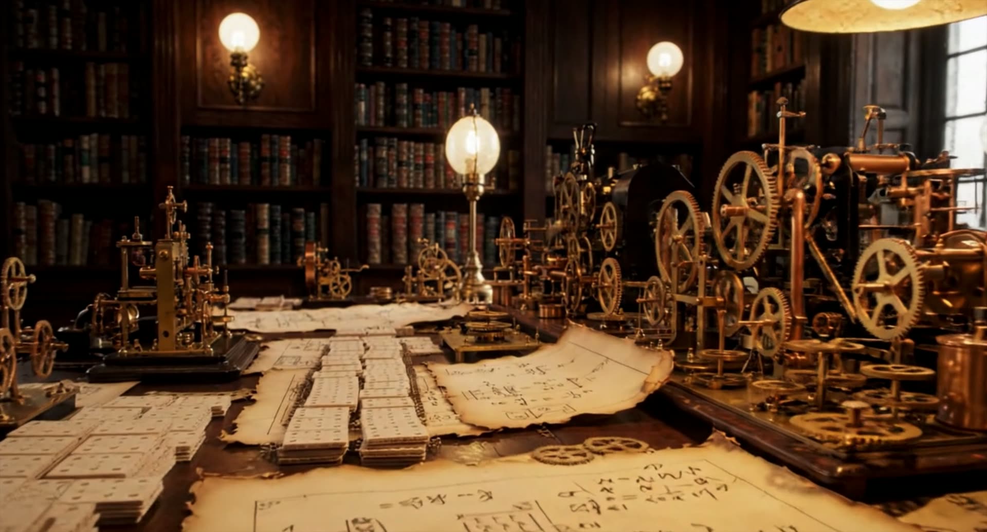 Ada Lovelace's Victorian workshop, lit by candlelight.